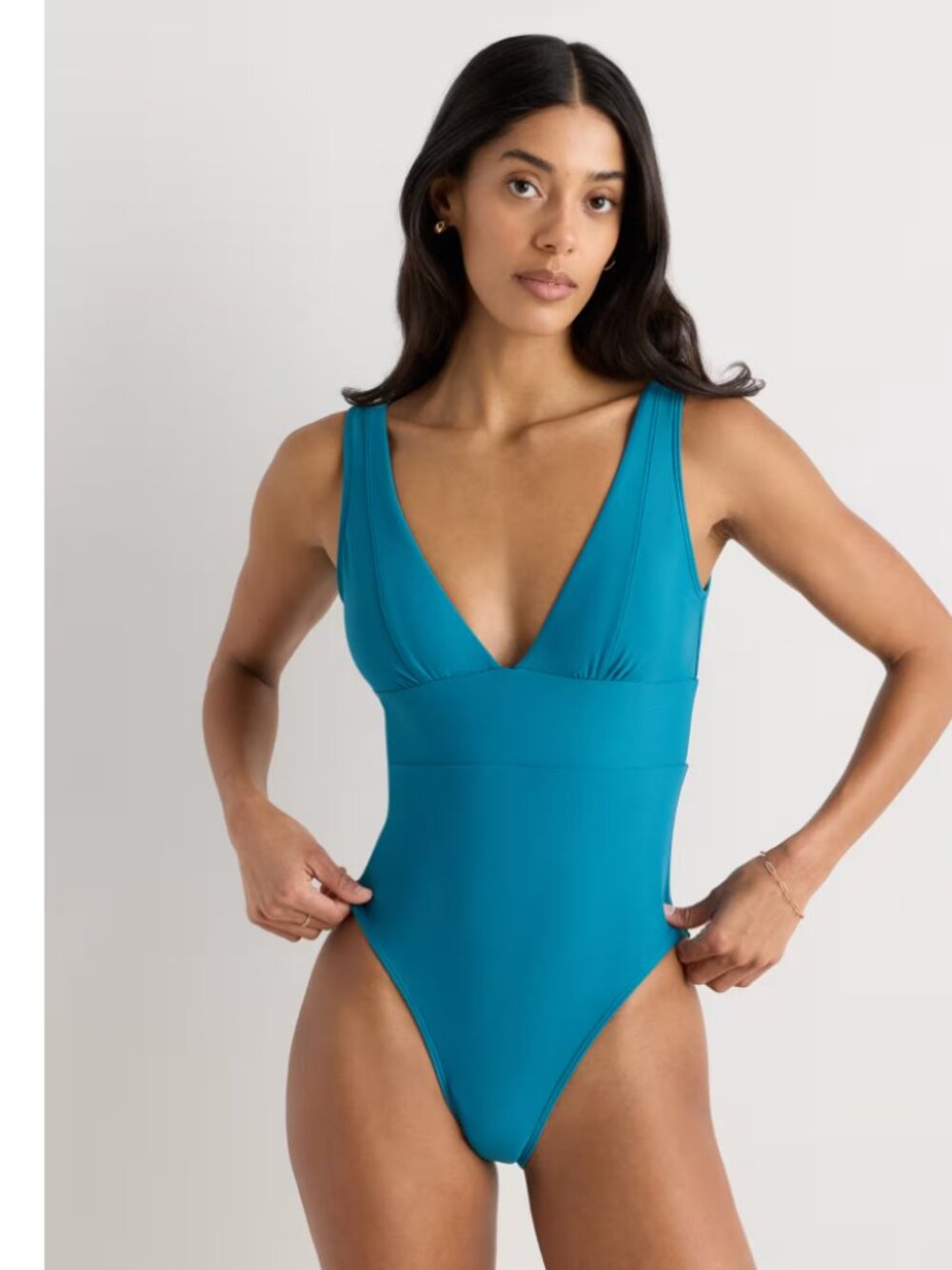Quince Italian Plunge One-Piece Swimsuit In Lagoon Teal Blue Medium NWT